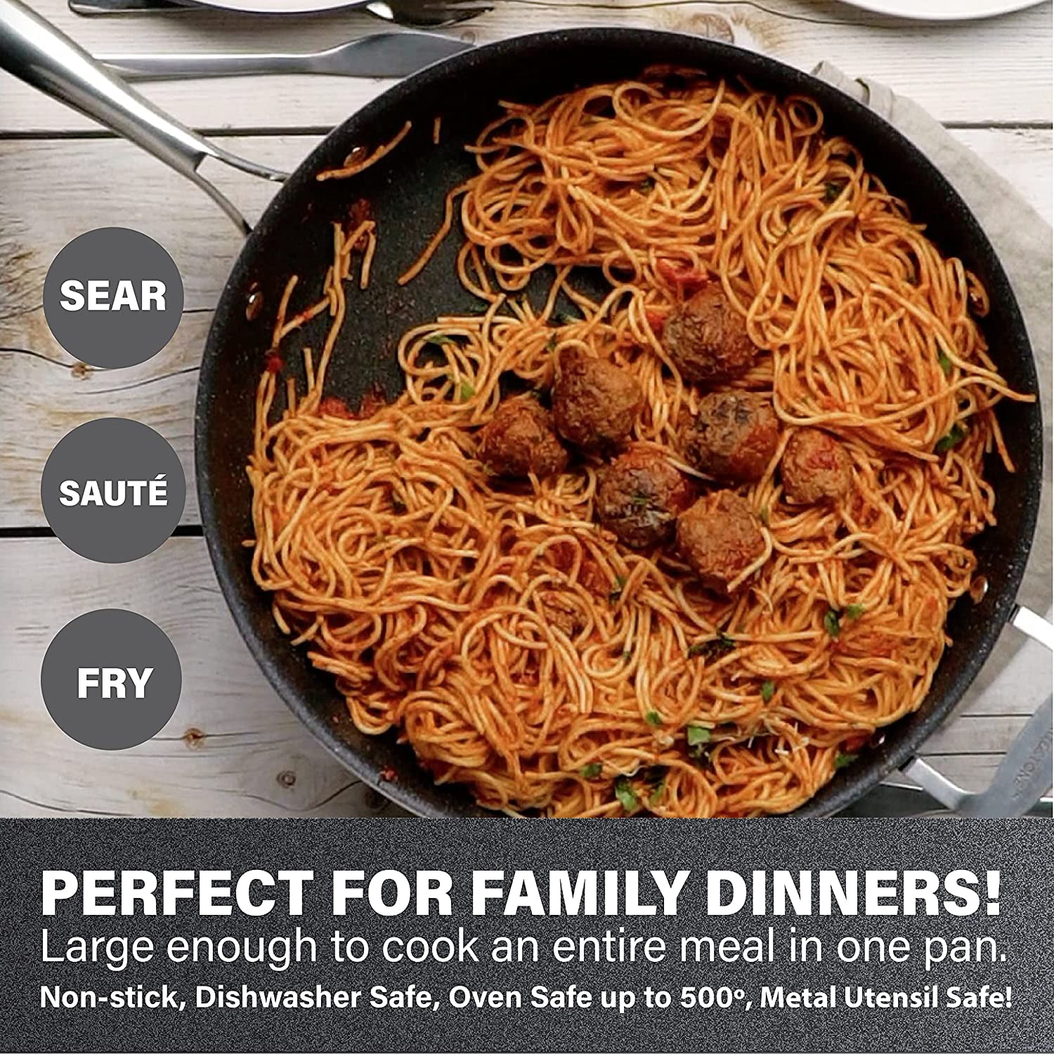 Granitestone Jumbo Cooker with Lid, Nonstick Triple Coated Surface, Family Sized Open Skillet with Stainless Steel Stay Cool & Helper Handle, Oven and Dishwasher Safe