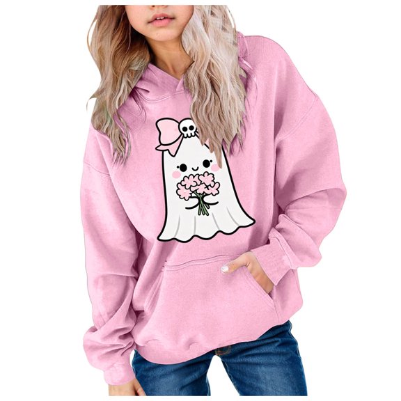 JFOPQVSM Girls' Hooded Long Sleeved Sweatshirt with Halloween Print Cute Fun Simple and Versatile Top