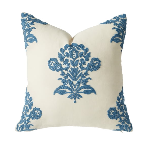 Blue White Embroidered Decorative Throw Pillow Cover Cotton Polyester Cushion Case