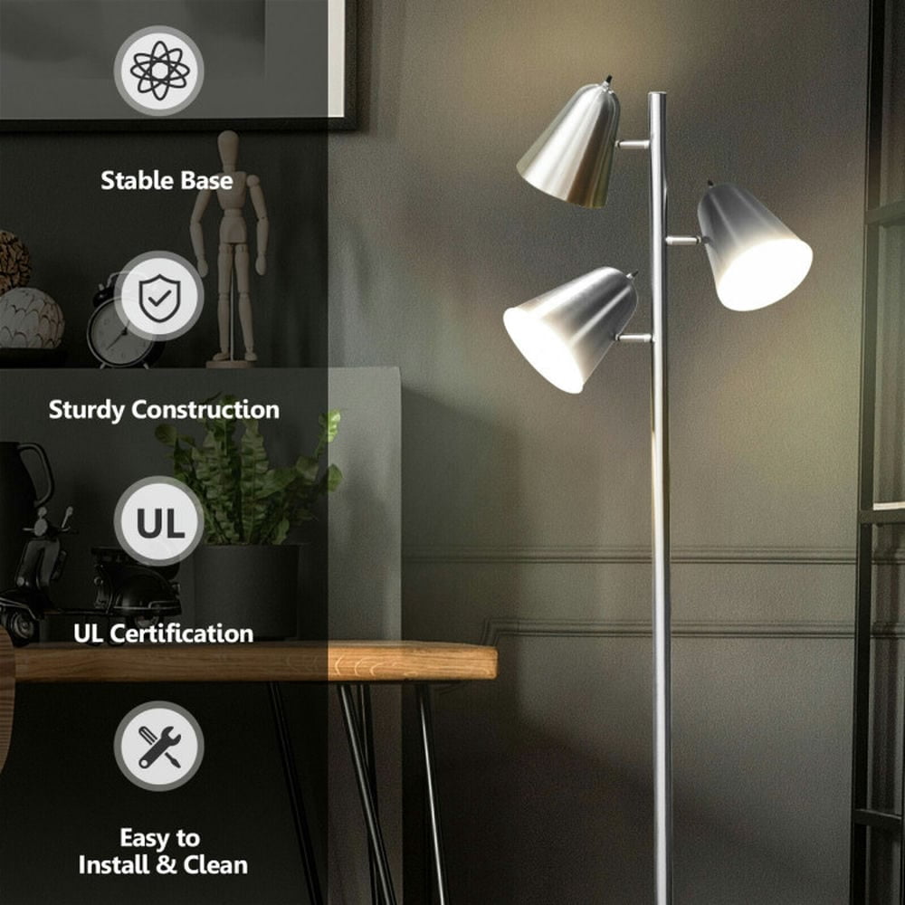 Canddidliike 64 Inch 3-Light LED Floor Lamp Reading Light, Vanity Lights for Living Room Bedroom, Silver