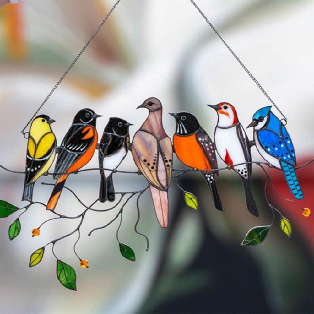 Multicolor Birds on a Wire High Stained Glass Suncatcher Window Panel