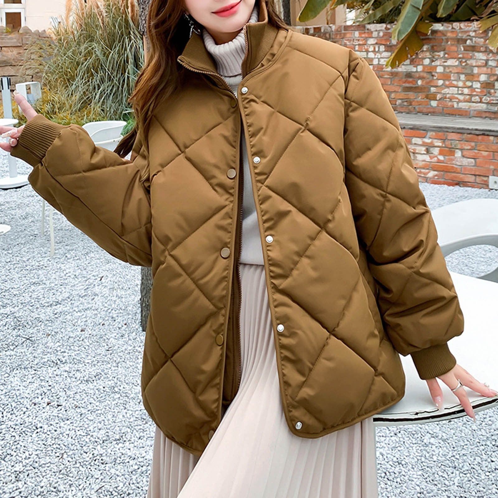 Hvyesh Winter Coats for Women Trendy Stand Collar Long Sleeve