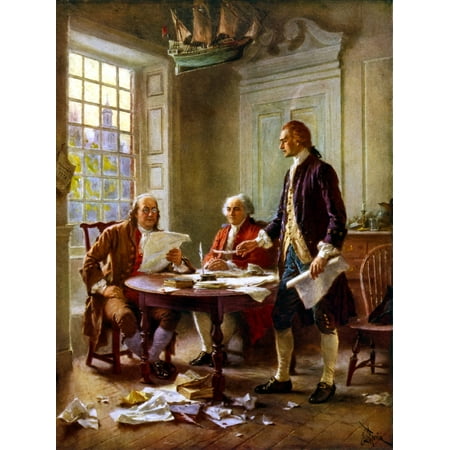 - Digitally restored vector painting of Benjamin Franklin John Adams and Thomas Jefferson writing the Declaration of Independence Poster Print