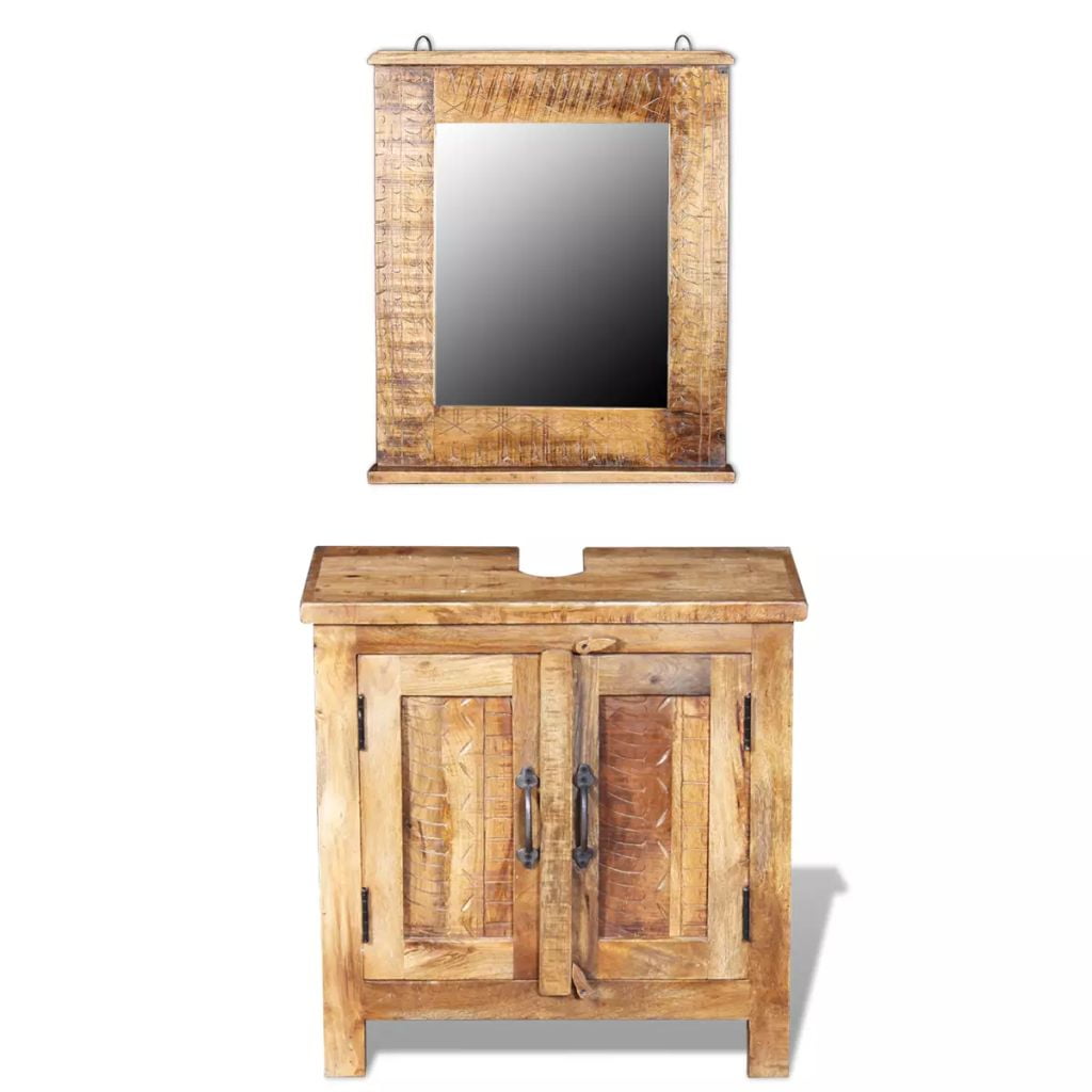 Kepooman Bathroom Solid Mango Vanity Cabinet Set with 2 Doors & Mirror, Brown Kepooman Bathroom Solid Mango Vanity Cabinet Set with 2 Doors & Mirror, Brown