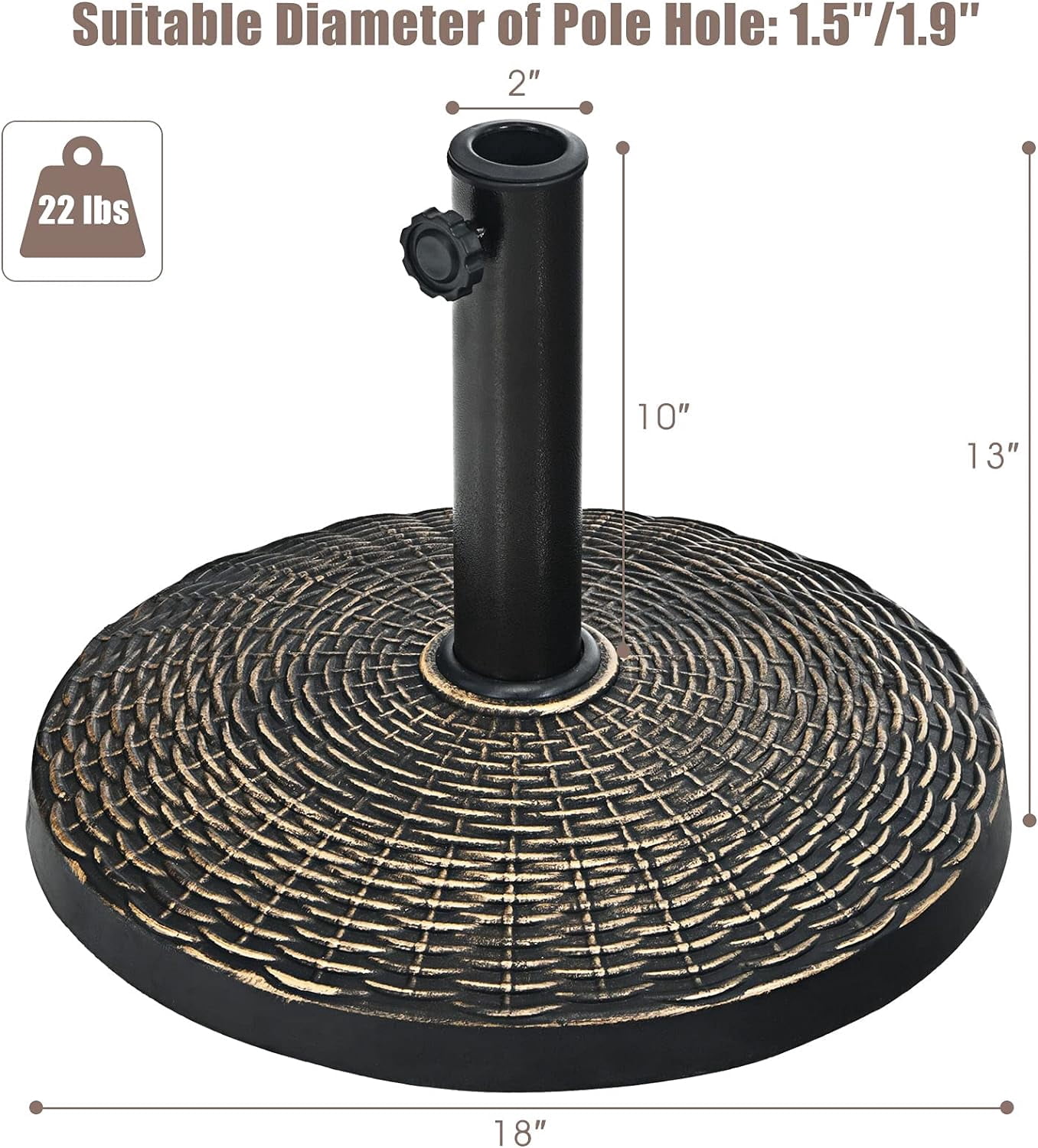WBTER 22 lbs Patio Umbrella Base, 18 Inch Round Outdoor Umbrella Stand for 1.5'' or 1.9'' Diameter Pole, Heavy Duty Market Umbrella Holder for Garden Beach Yard Poolside Lawn, Bronze