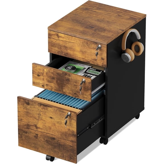 Alpinel 3 Drawer File Cabinet with Upgrade to 3 Individual Lock & Wheels | Wood Filing Cabinet for Home Office, Mobile Printer Stand, Under Desk Storage for Letter/A4/Legal Size,Rustic Brown