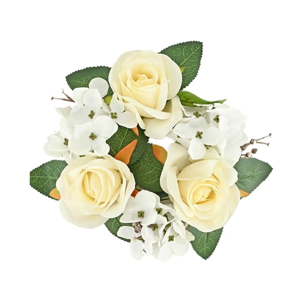 Anillo de vela, corona de rosas artificiales, minicoronas, candelabro de pilar, guirnalda de velas bohemias para mesa, sala de estar, decoración del amarillo amarillento