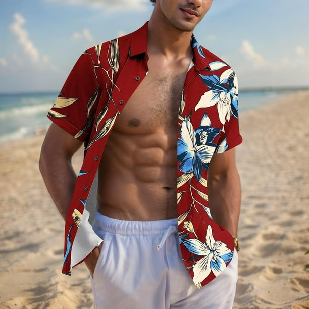 Blusa y camisa de manga corta con cuello vuelto para hombre, blusa informal de moda con cuello vuelto, blusa estampada de manga corta con botones, blusa de poliéster para hombre