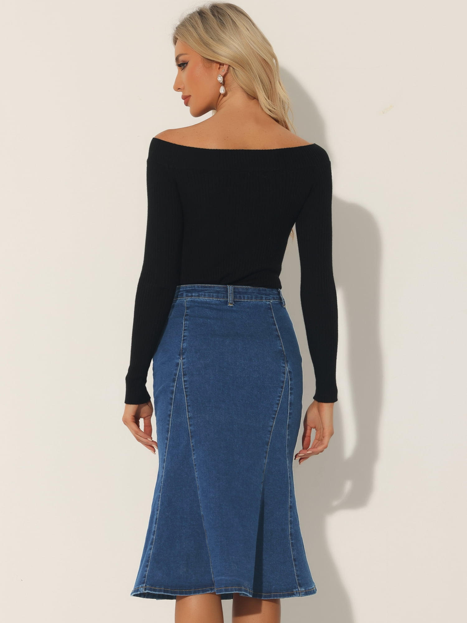 DARING DIVA Women's Denim Ruffle Fishtail Bodycon Midi Skirts S Dark Blue