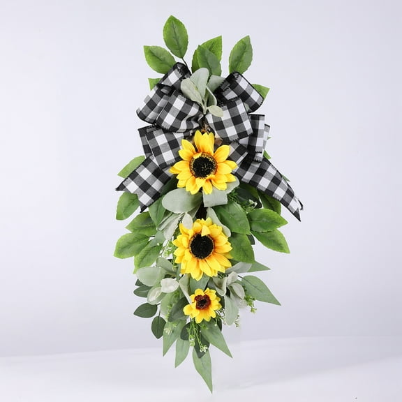 Artificial Sunflower Wreath 23 Inch Summer Fall Large Wreaths Springtime All Year Around Flower Green Leaves for Outdoor Front Door Decor