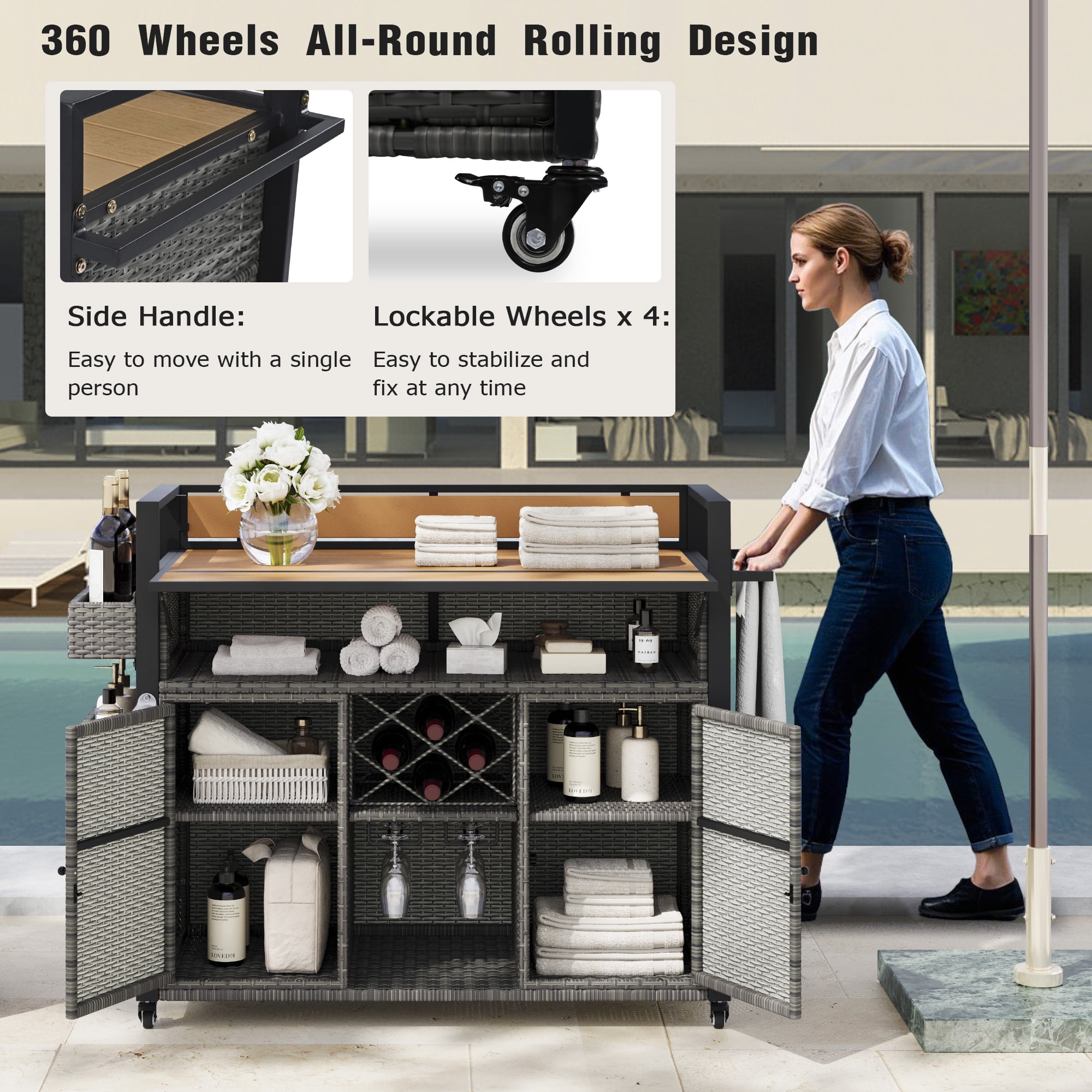 Outdoor Grill Cart 52.8 Inch W, Wicker Structure with Extended Plastic Wood Table Top for Patio Backyard, Grey