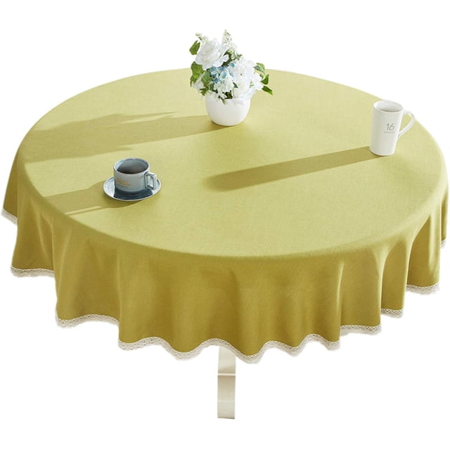 Heavy Weight Cotton Linen Tablecloth Lace Round Table Cloth for Kitchen Dining Room Tabletop Decoration, 48" - Round, Green