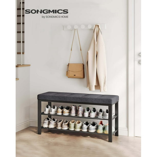 SONGMICS 3 Tier Shoe Rack Shoe Bench for Entryway Storage Organizer with Foam Padded Seat Linen Metal Frame for Living Room Hallway 12.2 x 39.4 x 19.3