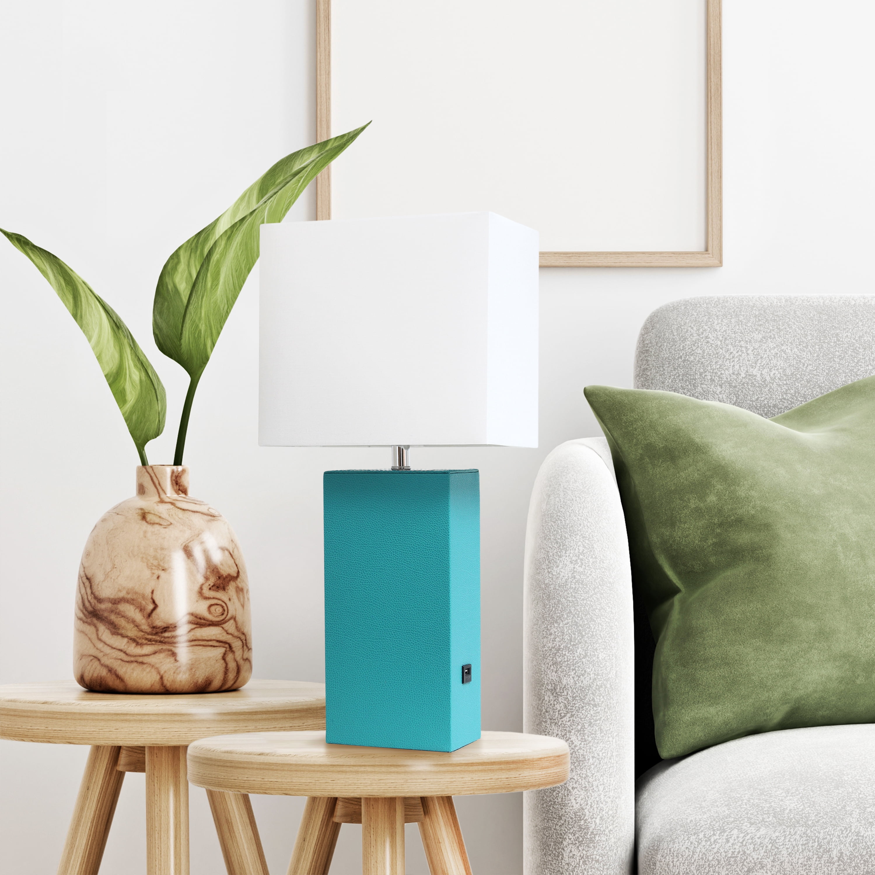 Lalia Home 21" Leather Modern Bedside Table Lamp with USB Port and LED Bulb, Teal