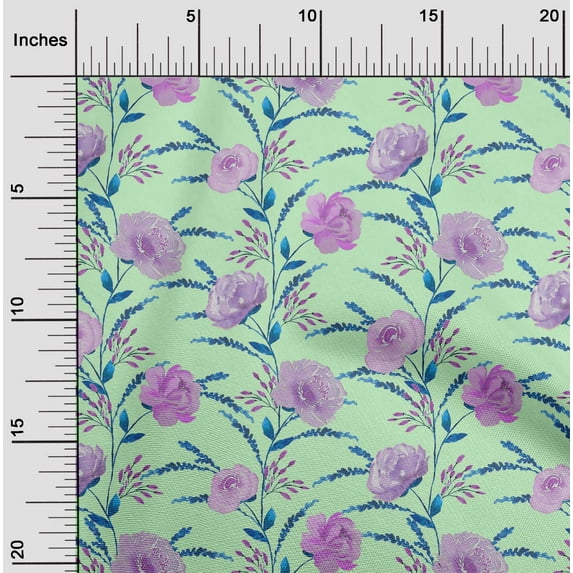 oneOone Cotton Cambric Fabric Watercolor Leaves & Peony Floral Print Sewing Fabric BTY 56 Inch Wide