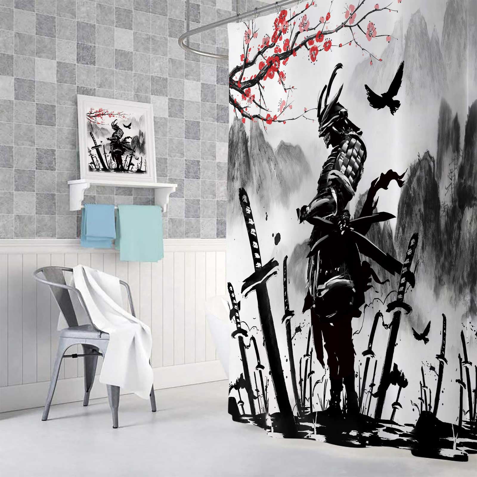 Japanese Samurai Shower Curtain, Cool Japan Anime Cherry Blossoms Fabric Shower Curtains Set For Bathroom, Asian Chinese Black And White Restroom Decor Accessories With Hooks 72X 72 Inch