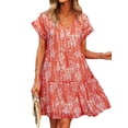 thumbnail image 1 of Uhndy Women Floral Printed Ruffled Sleeves V Neck Babydoll Mini Dress red l-LQ, 1 of 6