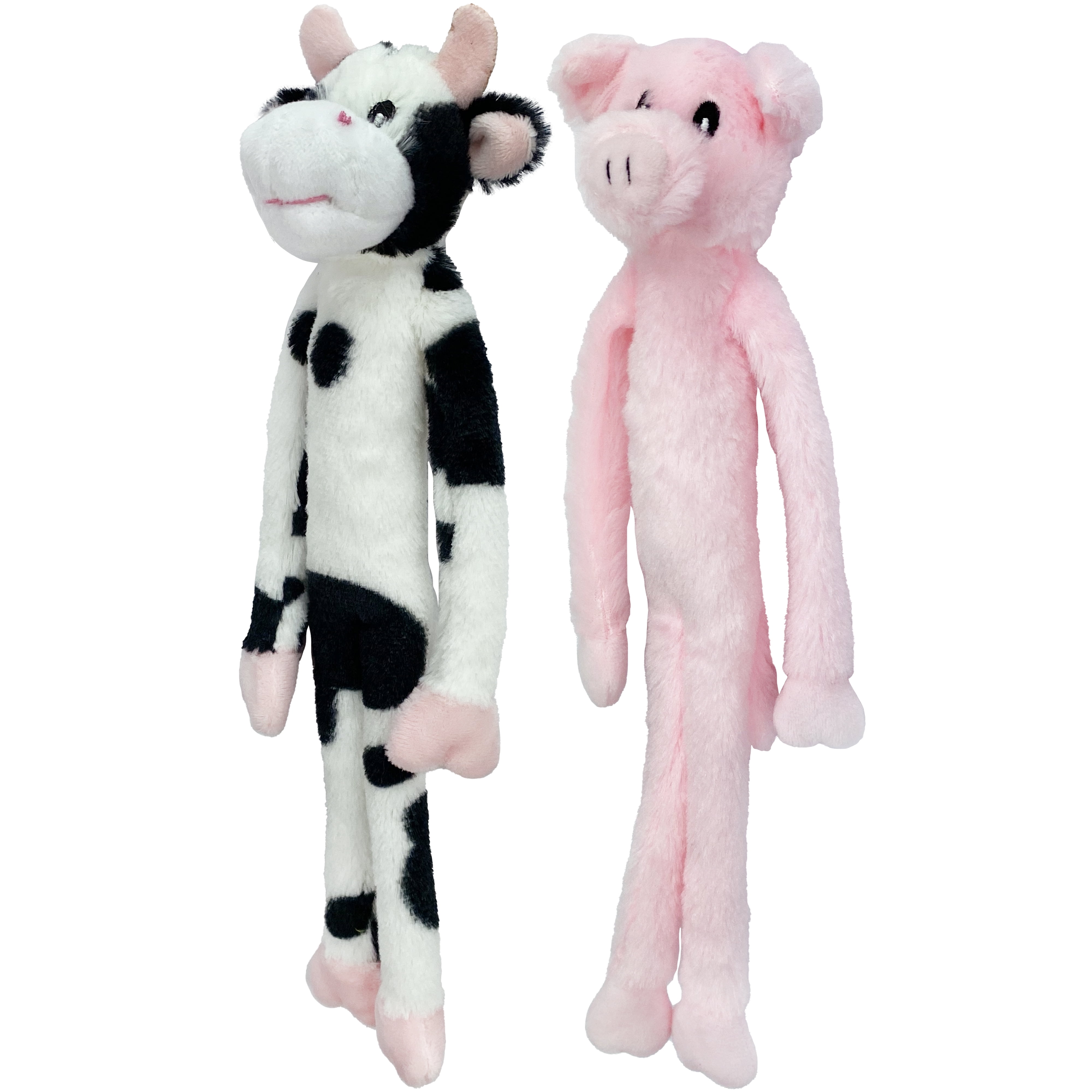 Multipet Plush Dangle Animals, 2 Pack, Plush Dog Toy, Cow and Pig with Squeaker