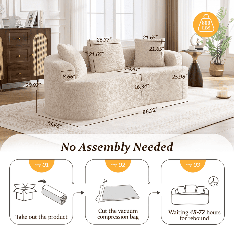 ATHOPE 86" Curved Cloud Couch, Boneless Sofa for Small Space, Plush Teddy Fabric Modern Couch with 3 Throw Pillows, Comfy Floor Love Seat for Living Room, Bedroom, White
