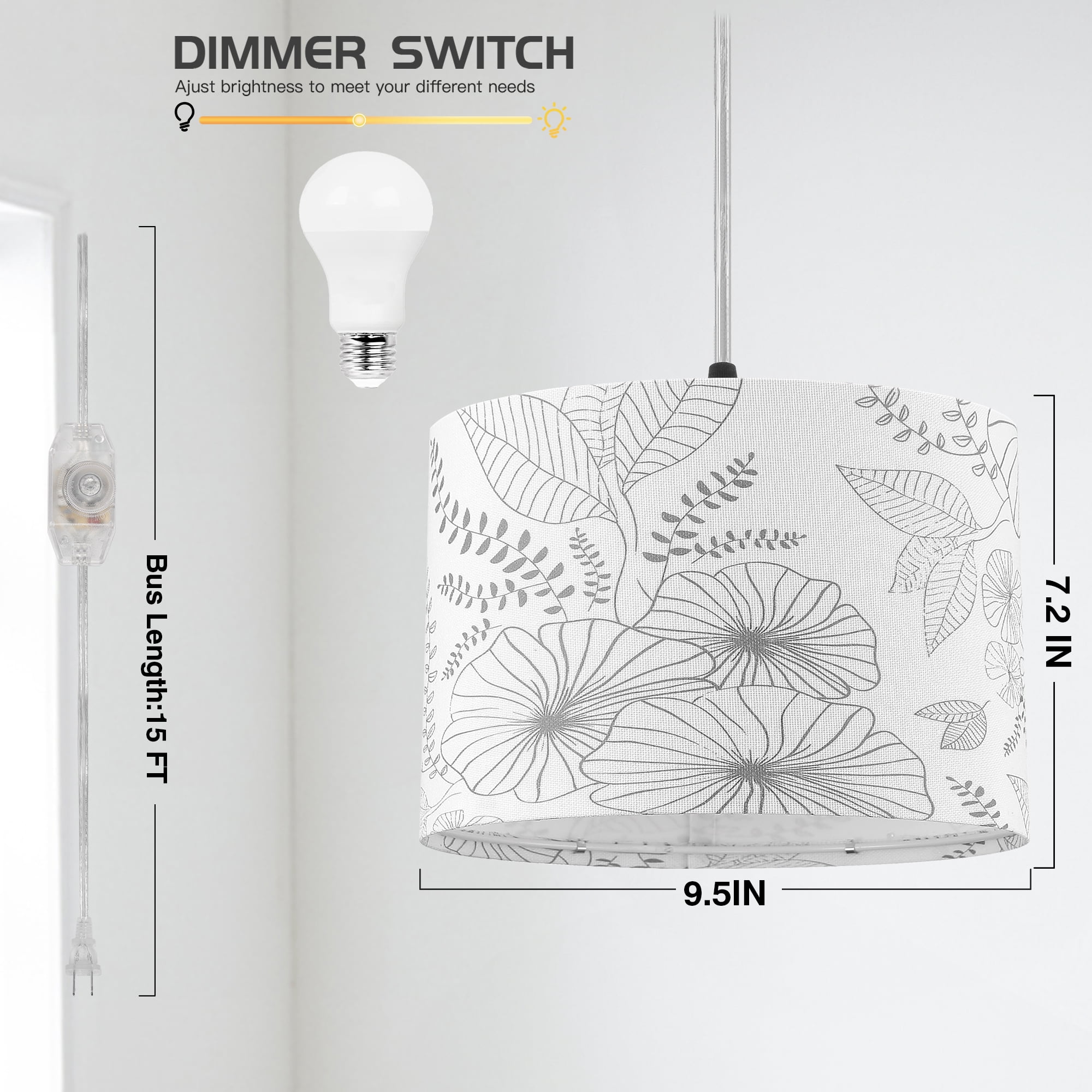 Cinkeda Plug in Pendant Light Dimmable Floral Hanging Lamp with Shade for Kitchen Island Bedroom Living Room(Bulb Included)