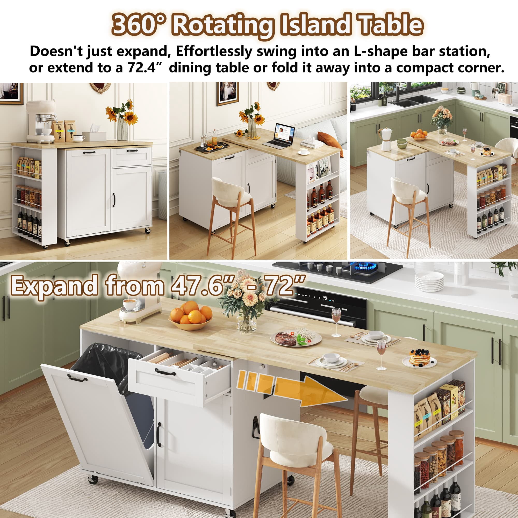 Rolling Kitchen Island with 360° Rotating Extendable Dining Table, 72" Large Island Table with Power Outlet & 7-Tier Spice Racks & Trash Can Storage, Cord Management Hooks