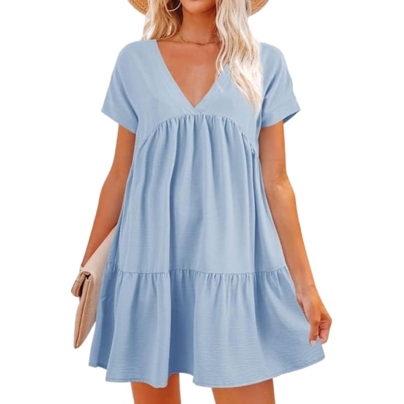Women Summer V Neck Dress Casual Short Sleeve Flowing Mini Dress