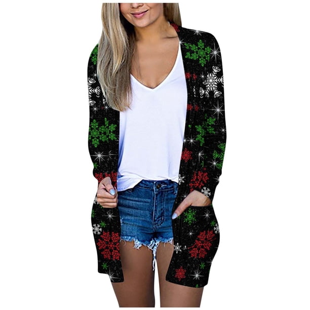 Cárdigan de Navidad Para Mujer, Tops de Manga Larga, Camiseta de Moda, Blusa Holgada Con Bolsillos Y Estampado Frontal Abierto de Otoño Odeerbi ODB192986