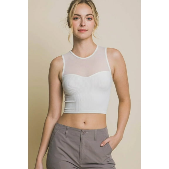 Love Tree Round Neck Ribbed Cropped Mesh Tank