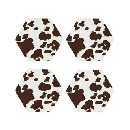 

Tebeau Brown Cow Print Set of 4 Leather Drink Coasters Round Cup Mat Pad for Home and Kitchen Use 4 -Hexagon