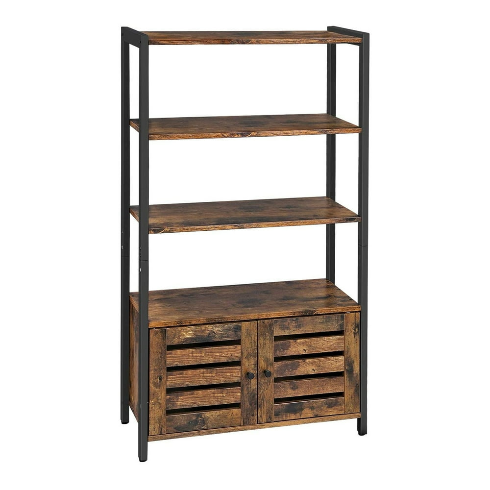 Wooden Storage with 3 Open Shelves and 2 Doors, Brown and Black
