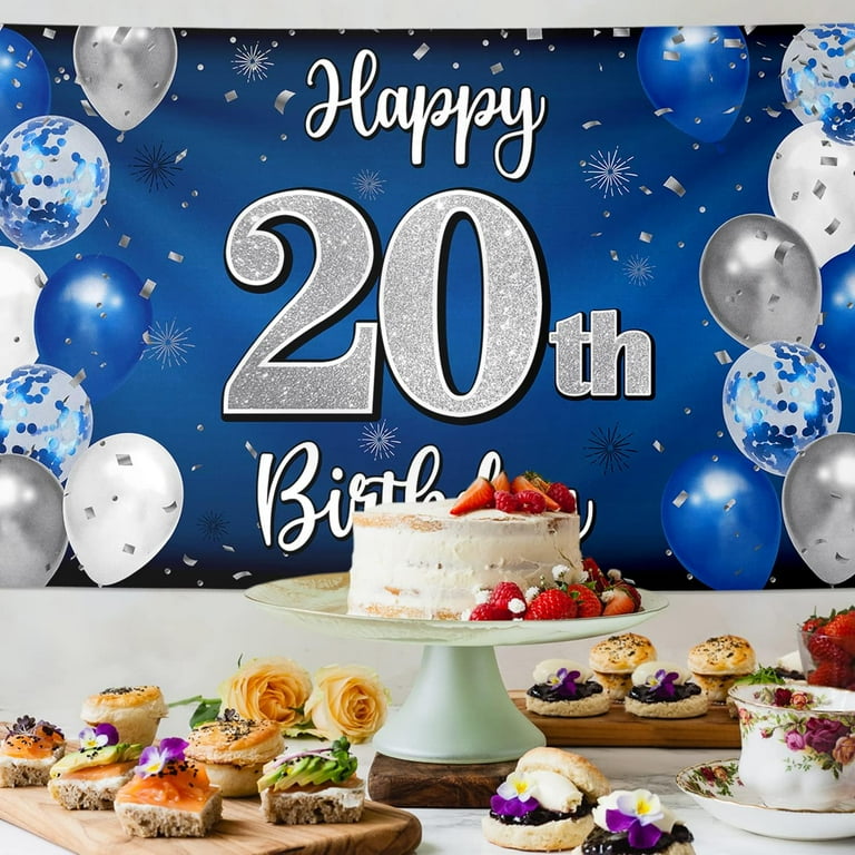 Blue Glitter Happy 20th Birthday Banner - Pre-Strung Party Decor