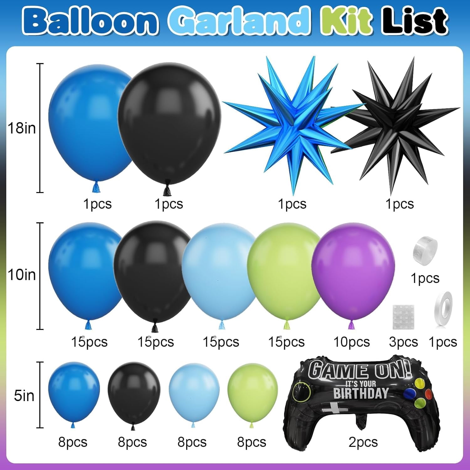 Video Game Balloon Arch Garland Kit, Blue Purple Green Black Party Balloons with 2 pcs Game Handle Foil Balloons for Video Game Theme Birthday Party Boys Game Night Decor