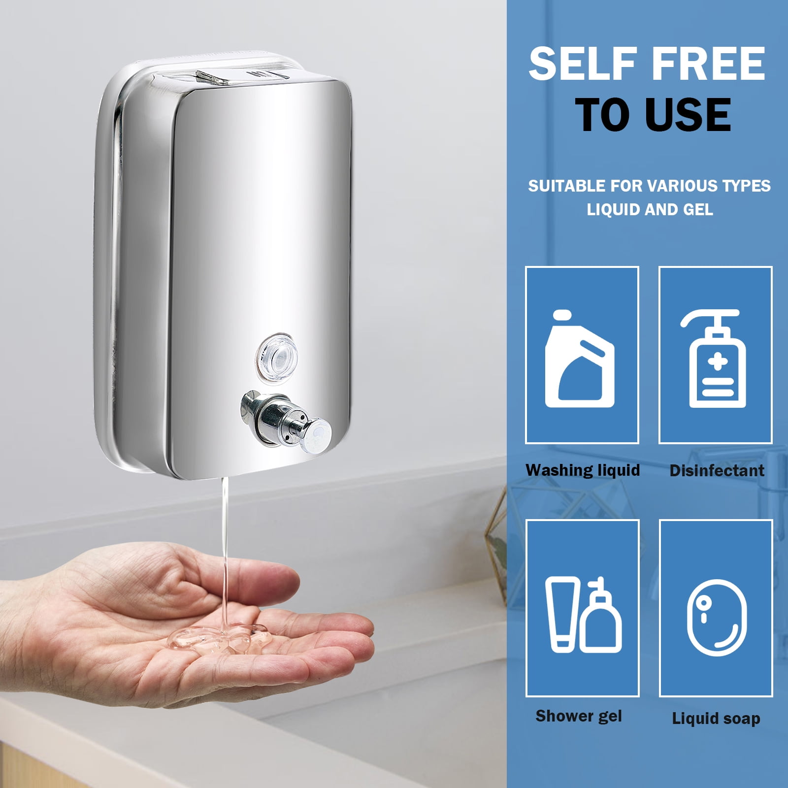 4Pcs Commercial Soap Dispenser Stainless Steel 1000ml Wall Mount Manual Liquid Pump Rust Proof Leak Free for Bathroom