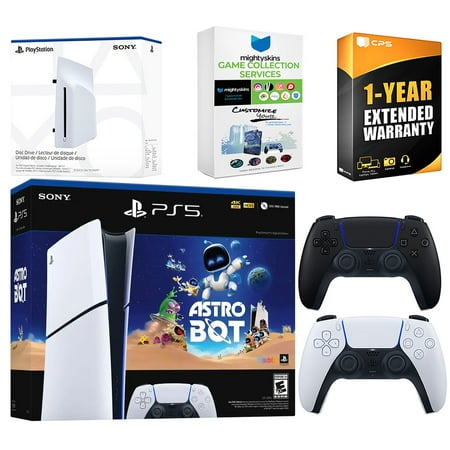 Sony PlayStation 5 Astro Bot Slim Digital Bundle with Disc Drive, Extra Controller, MightySkins Game Collection Services and 1 Year Extended Warranty - Midnight Black