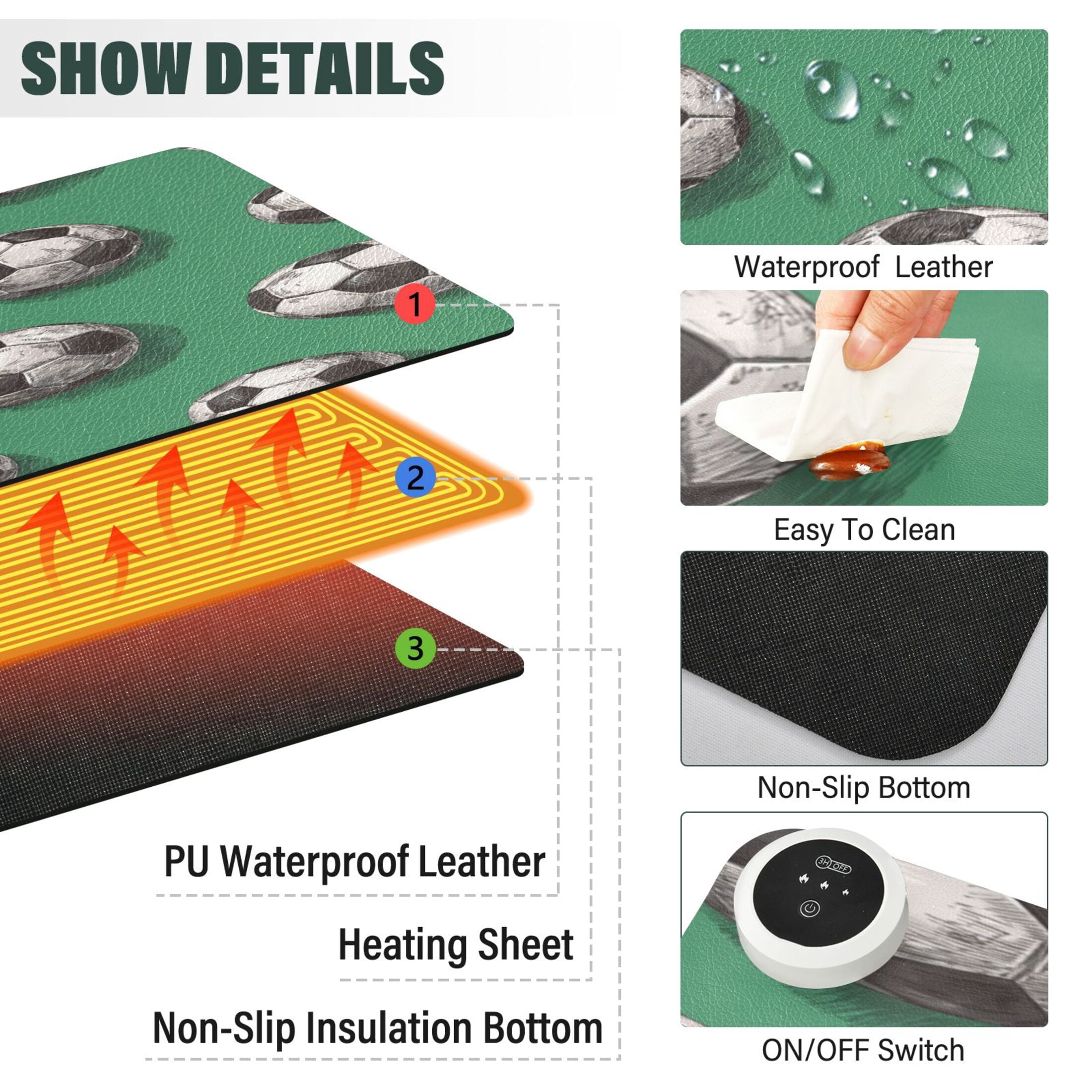 Large Heated Desk Mat Mouse Pad 31.5"x13"PU Leather Graphene Heating Desk Warmer with 3 Temperature Settings 110V US Plug Non-Slip Warm Pad for Home, Office, and Gaming Retro Football Pitch Print