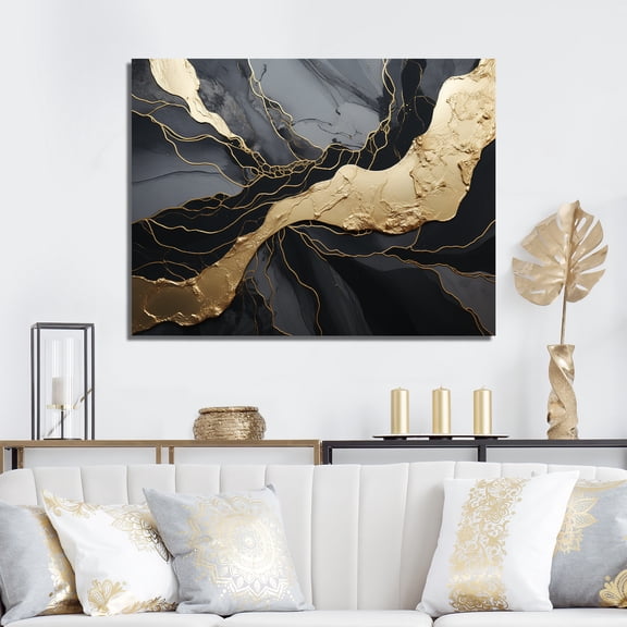 Designart "Minimalism Chrome Black And Gold Potteries" Abstract Spirals Canvas Prints