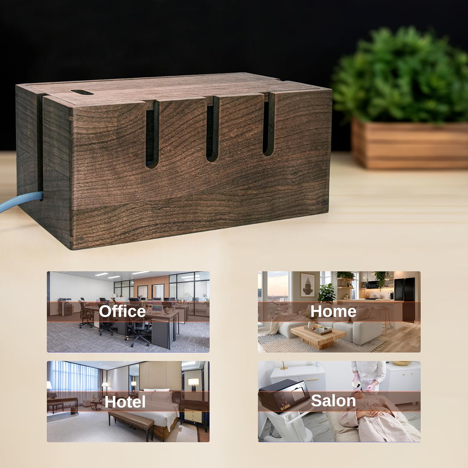 Elitzia Natural Walnut Wood Cable Management Box Desk Wire Organiser with Magnetic Cover for Hiding Messy Cables Cord Storage Tidy Box Suitable for Home Office Computer Desk TRPB02