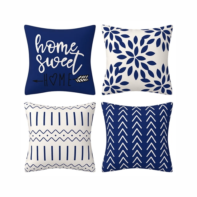 Fundas de almohada para exteriores, juego de 4 en azul marino y blanco, cremallera oculta, estampado de dalias en azul polvoriento por ambos lados, aptas para decoración de interiores y uso en