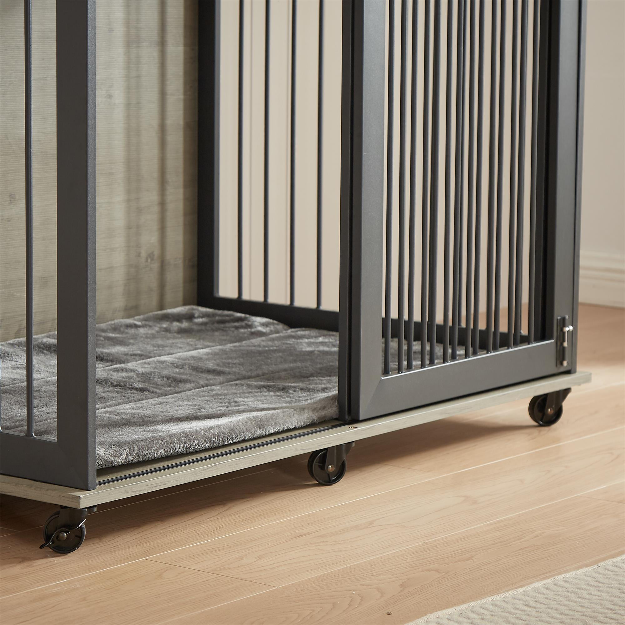 Pefilos 43" Heavy Duty Dog Crate with Cabinet, Furniture Style Dog Cage Sliding Frame Iron Door with Wheels, Mat, Dog House for Indoor Dogs, Gray Pefilos 43" Heavy Duty Dog Crate with Cabinet, Furniture Style Dog Cage Sliding Frame Iron Door with Wheels, Mat, Dog House for Indoor Dogs, Gray