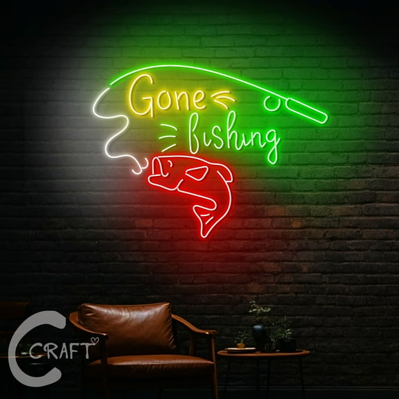 C-CRAFT Gone Fishing Neon Led Light Up 23 inch for Fishing Shop Fisherman Home Wall Decor