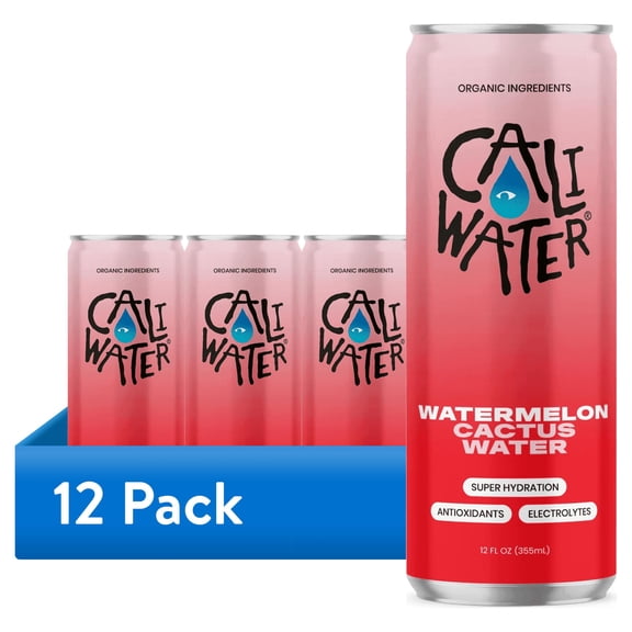 (12 pack) Caliwater Organic Cactus Water, Watermelon, Single Can, Coconut Water Alternative, 12 fl oz