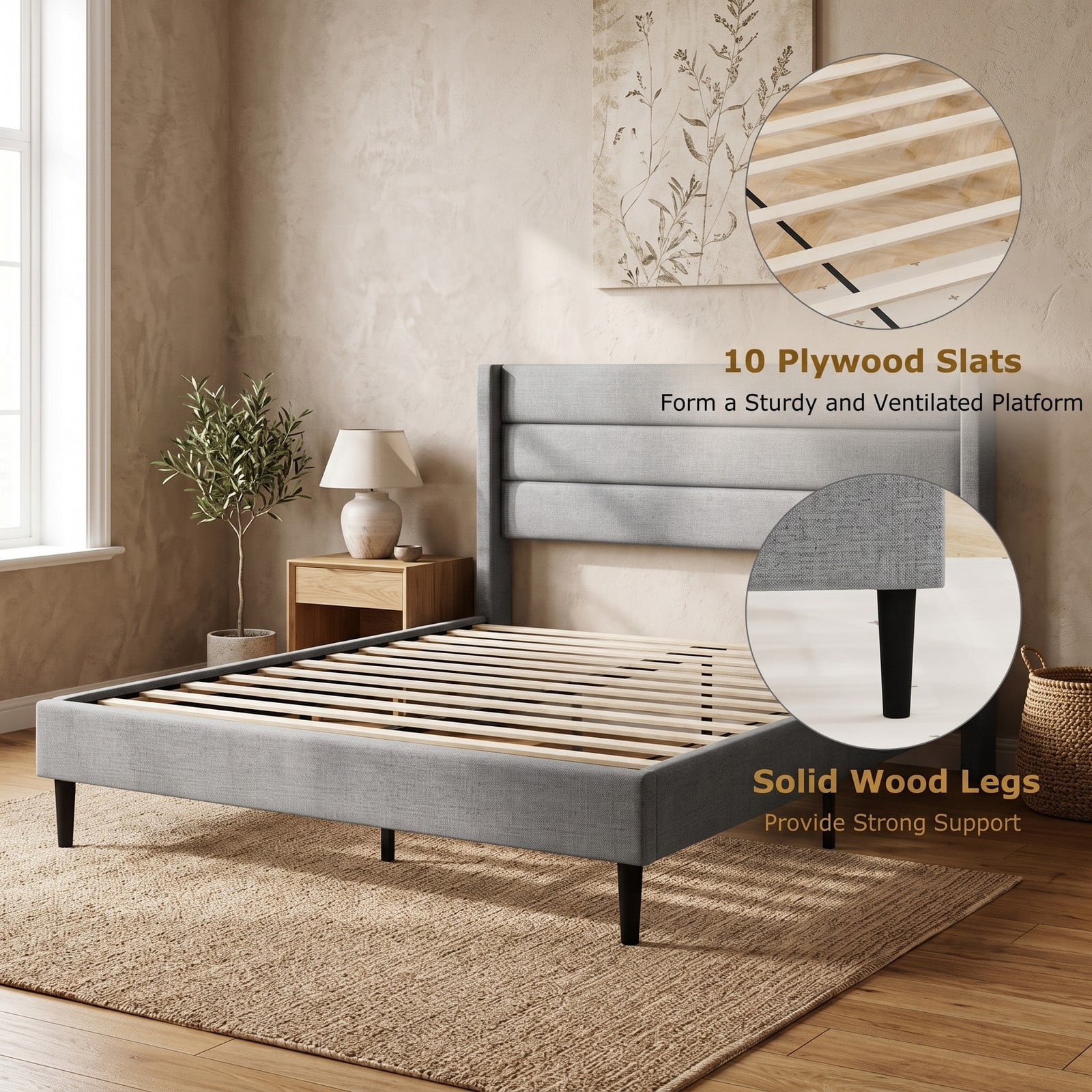 Furnibear Twin Bed Frame Linen Upholstered Platform Bed with Wingback Channel Headboard, Wood Slat Support No Box Spring Needed, Gray