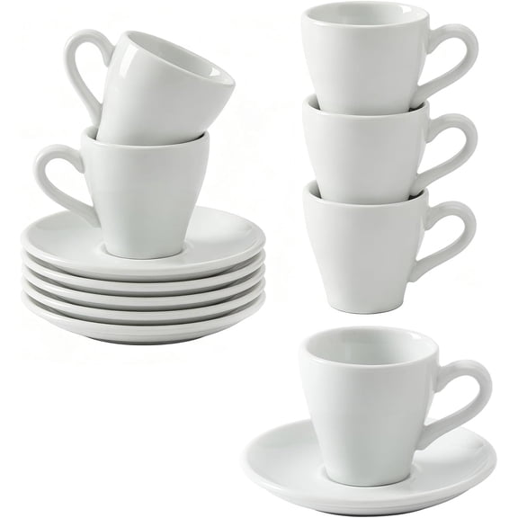 Espresso Cups Set of 6, White Espresso Cups and Saucers, 2 Ounce Ceramic Demitasse Cups for Espresso,Latte,Tea Bag