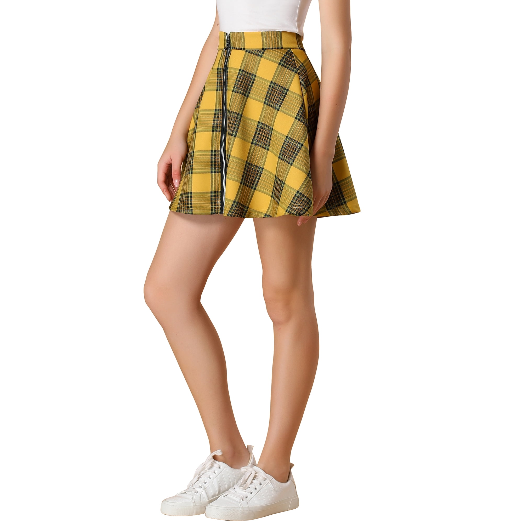 Unique Bargains Junior s Plaid Zip Up High Waist a Line Mini Skater Skirt Yellow 0 Walmart