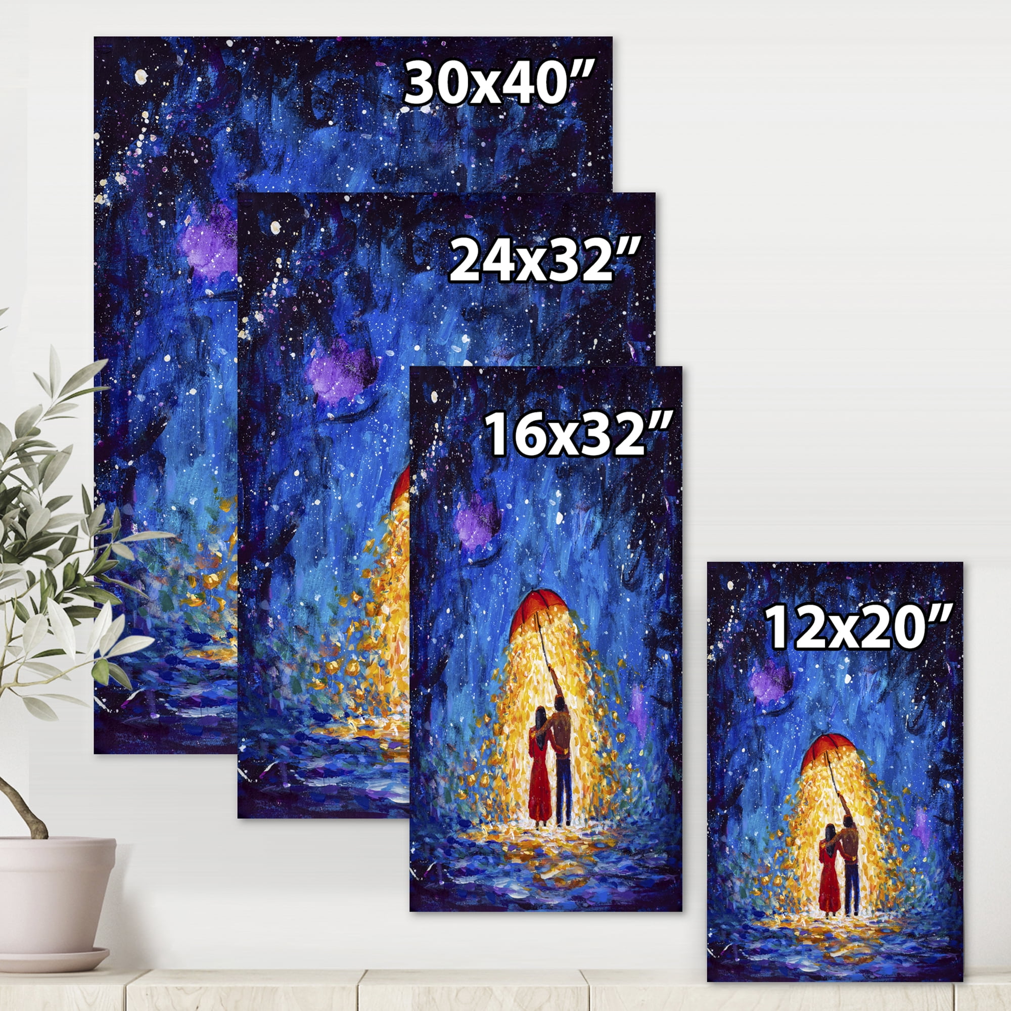 Abstract Couple In Love Walks Under Glowing Umbrella 8 in x 12 in Painting Canvas Art Print, by Designart