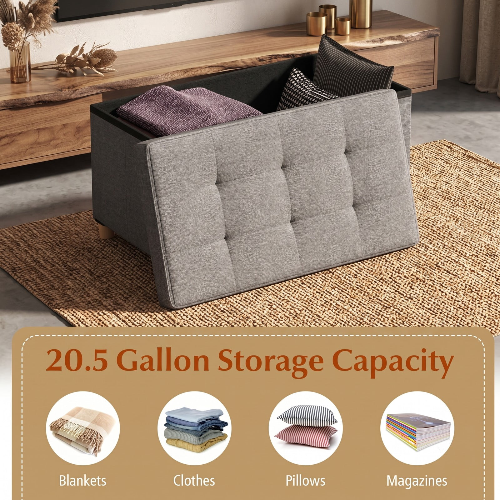Furnibear 30 Inch Linen Storage Ottoman Bench with Flip Lid Tray and Rubber Wood Legs for Living Room, Bedroom and Entryway Foot Rest, Gray