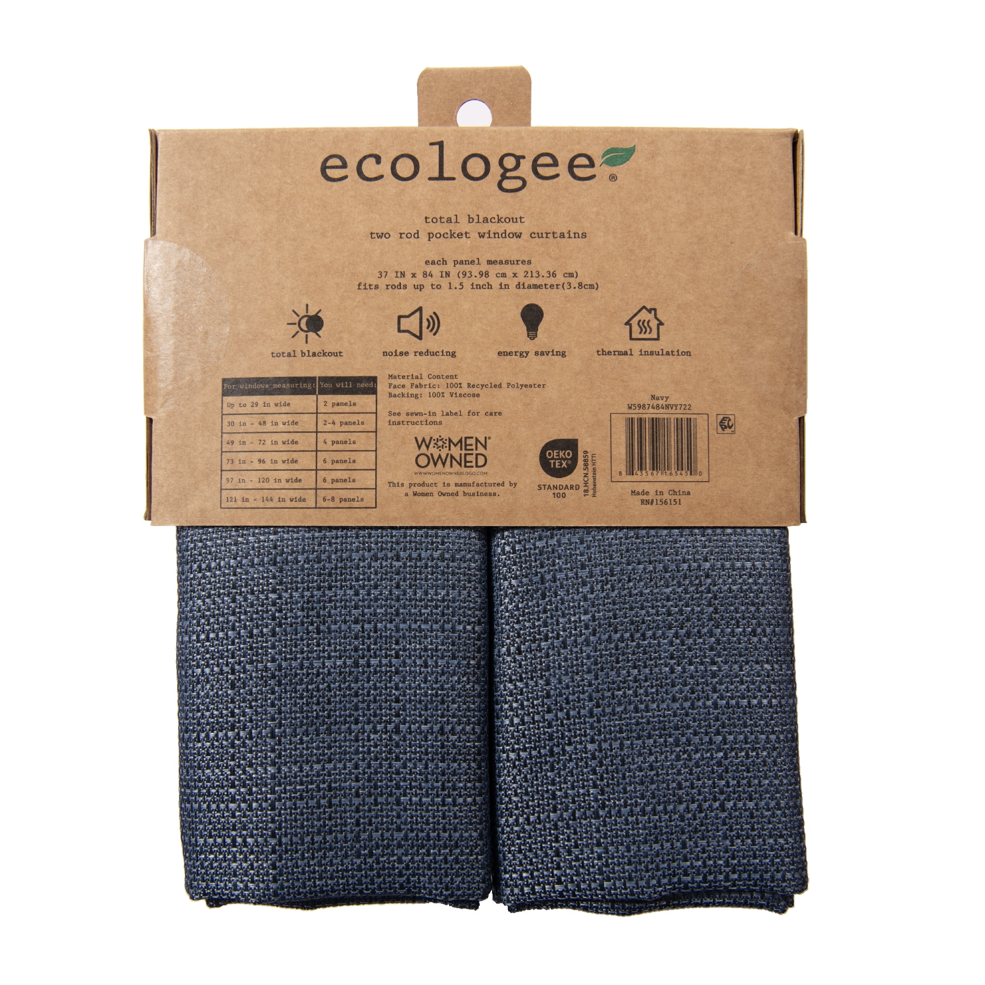 Ecologee Wakefield Textured Total Blackout Rod Pocket Curtain Panel Pair, Navy, 37" W x 84" L