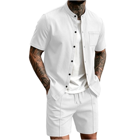 Gytharion 2 Piece Fashin Walffe Outfits for Men Stand Collar Short Sleeve Shirt with Drawstring Elastic Waist Shorts Sets Soild Color Casual Outfits