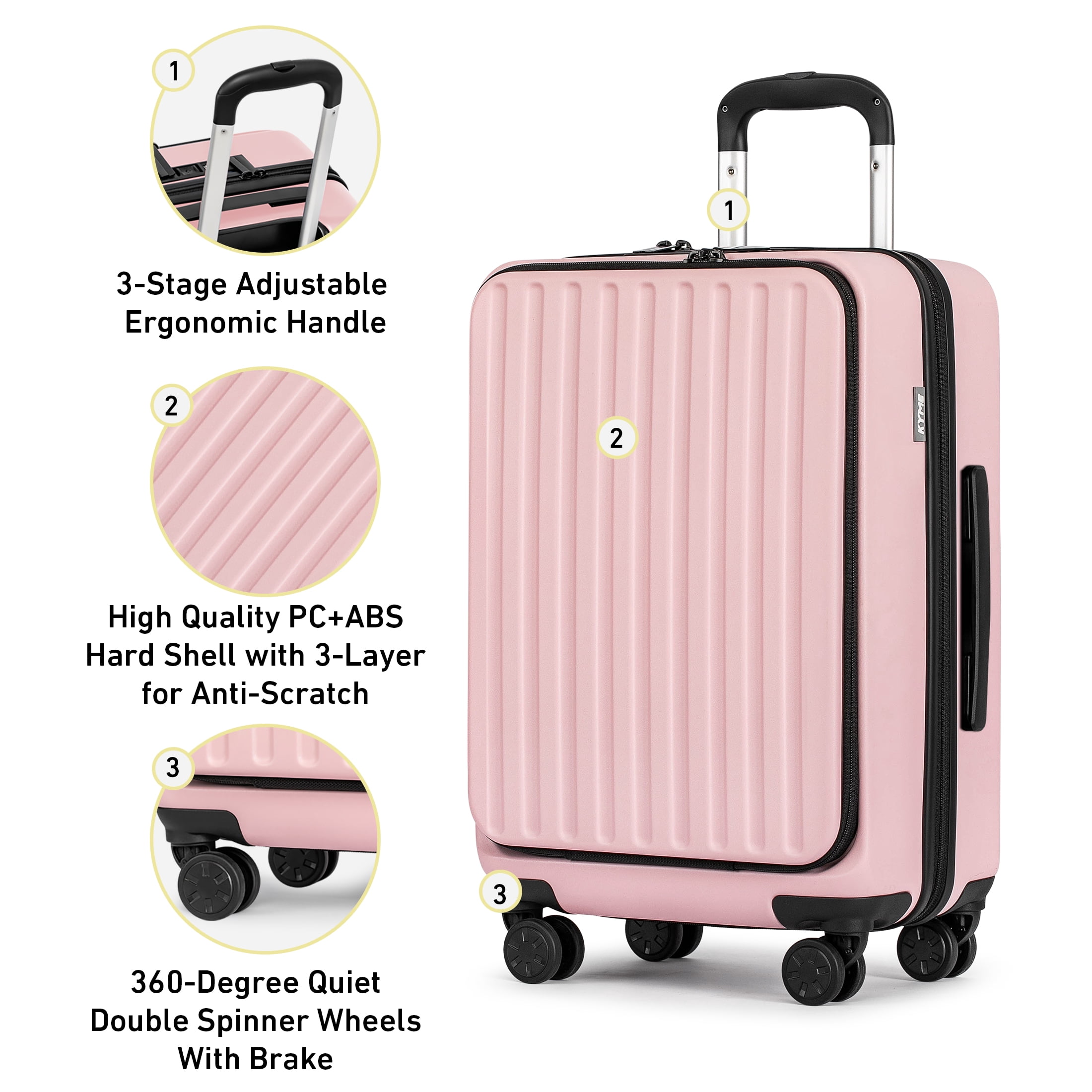 3 Piece Luggage Sets,Front Open Hard Shell 100% PC Suitcase With Double Spinner Wheels & TSA Lock