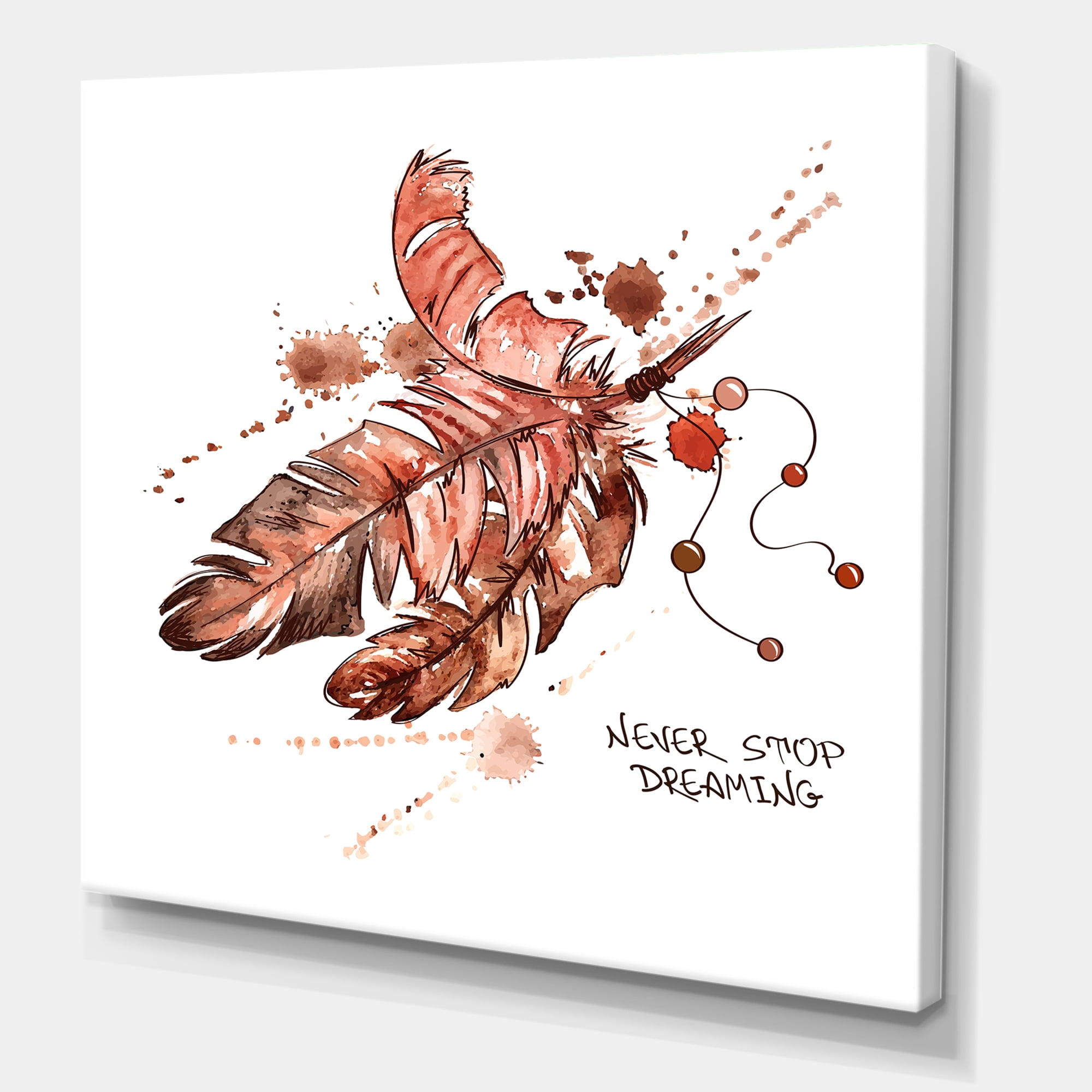 Designart ' Bird Feathers In Earth Tones Never Stop Dreaming ' Bohemian & Eclectic Canvas Wall Art Print